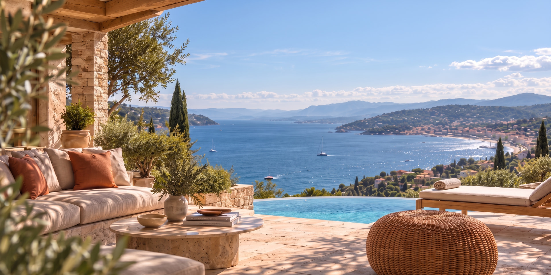 Terrasse d'une villa méditerranéenne avec canapé en lin, piscine à débordement et vue panoramique sur la baie de la Côte d'Azur
